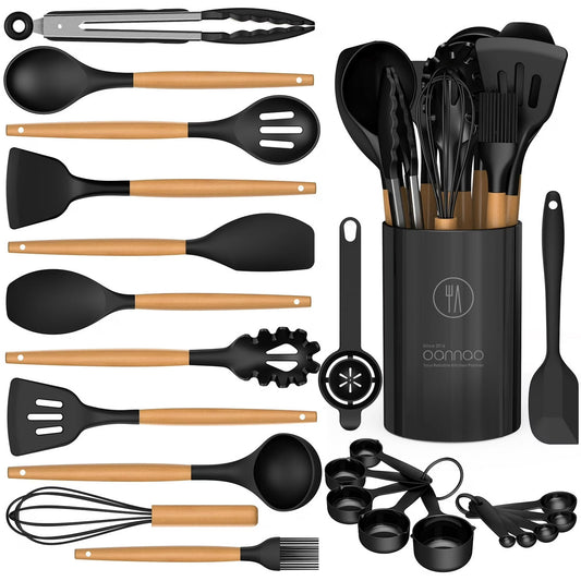 Silicone Cooking Utensils Set with Wooden Handles